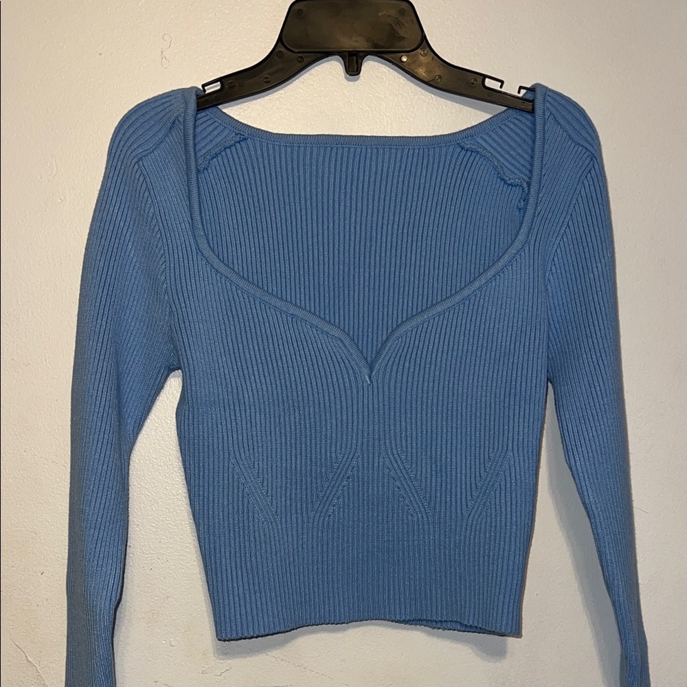 Blue Ribbed Knit Crop Top